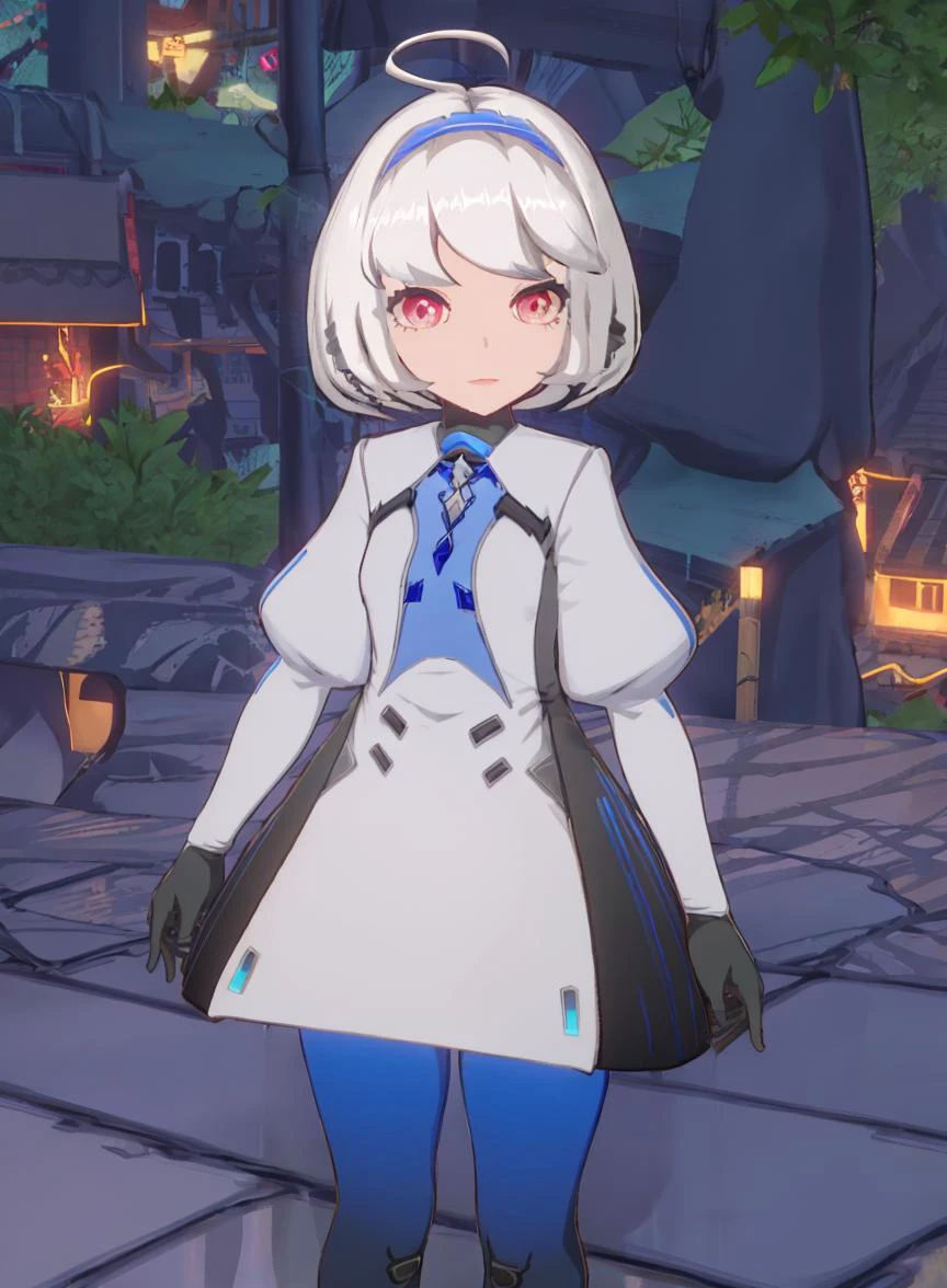 1girl,ahoge, android, white hair, blue headband, bob cut, red eyes, white shirt, BREAK, short skirt, pantyhose, blue pantyhose, black pantyhose, gradient legwear
