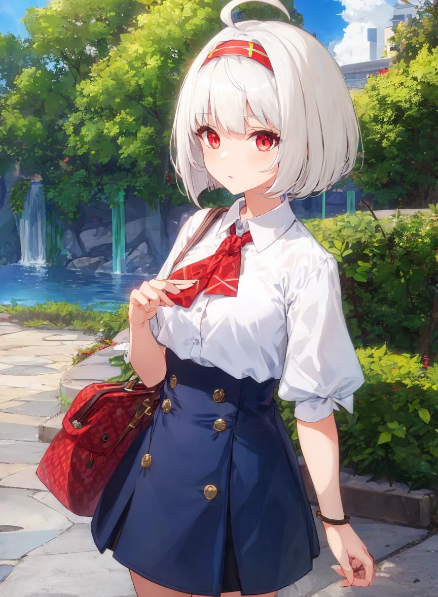 1girl,ahoge, android, white hair, bob cut, blue headband, red eyes, white shirt, skirt,