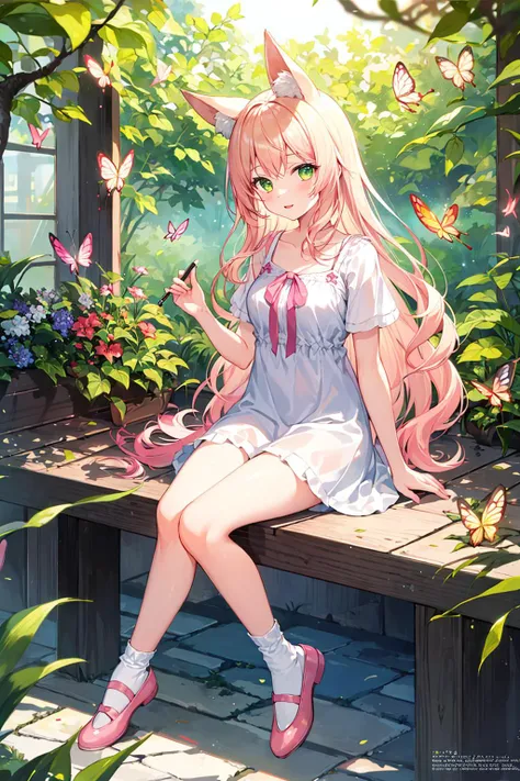 masterpiece, best_quality,1girl, solo,fox_ears,yellow eyes:1.5|green eyes:1.1,(pink hair:1.2|blonde hair), gentle hazel eyes, flowing wavy hair, ankle socks, gazing at viewer, white socks, ballet flats, pastel sundress, full body, butterfly garden, surrounded by fluttering butterflies, sunlight filtering through leaves, serene expression, spring