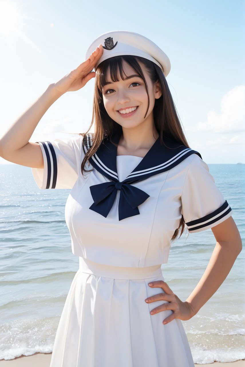 score_9,score_8_up,score_7_up,
1girl, solo, hat, long hair, smile, ocean, sailor collar, day, outdoors, sky, looking at viewer, dress, hand on hip, brown hair, realistic, sailor hat, brown eyes, sailor dress, water, cloud, teeth, bangs, huge breasts, blue sky, salute, breasts, white headwear, sunlight, lips, cowboy shot
slim body,(high detailed skin:1.2),8k uhd,dslr,soft lighting,high quality,film grain,Fujifilm XT3 sharp focus,f 5.6,
<lora:add-detail-xl:0.5>,