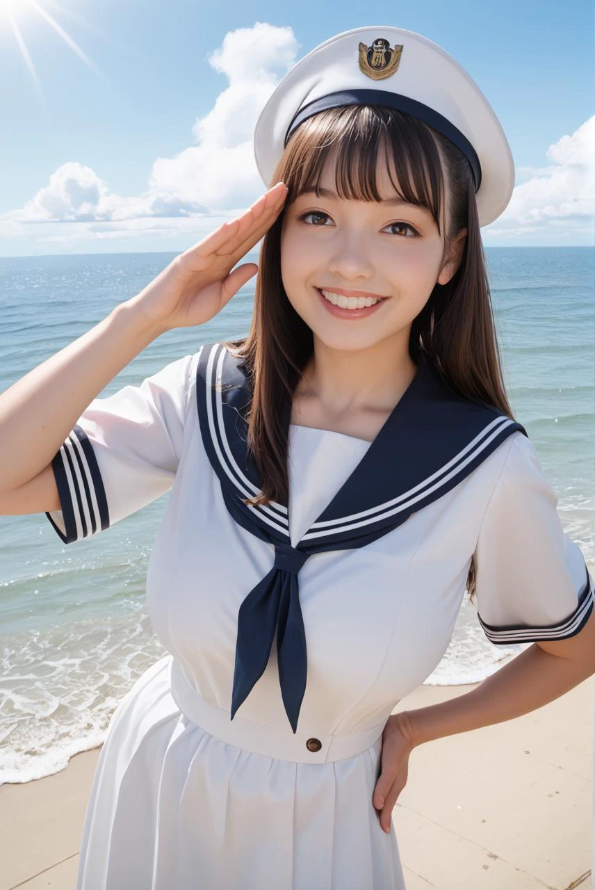 score_9,score_8_up,score_7_up,
from above,1girl, solo, hat, long hair, smile, ocean, sailor collar, day, outdoors, sky, looking at viewer, dress, hand on hip, brown hair, realistic, sailor hat, brown eyes, sailor dress, water, cloud, teeth, bangs, huge breasts, blue sky, salute, breasts, white headwear, sunlight, lips, cowboy shot
slim body,(high detailed skin:1.2),8k uhd,dslr,soft lighting,high quality,film grain,Fujifilm XT3 sharp focus,f 5.6,
<lora:add-detail-xl:0.5>,