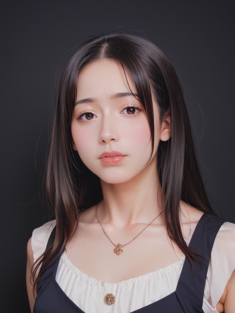 A woman with long hair wearing a black dress and a necklace - SeaArt AI