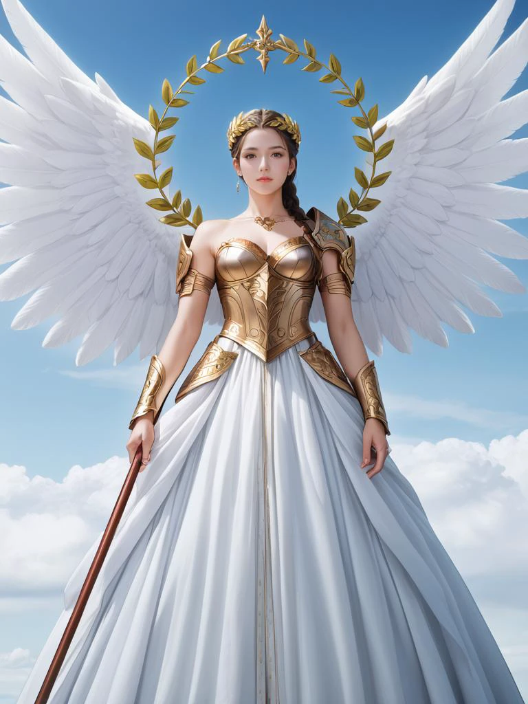 score 9,score 8 up,score 7 up,score 6 up,
valkyrie in gorgeous armor is holding a spear in hand,(solo:1.1),standing,golden laurel wreath crown,goddess,pale skin,beautiful face,armored dress,wings,looking at viewer,cloudy sky,holy light,light from clouds,fantasy theme,
(masterpiece, top quality, best quality, extreme detailed, highest detailed, official art, beautiful and aesthetic:1.2),(extremely detailed CG unity 8k wallpaper),
<lora:add-detail-xl:0.5>,
