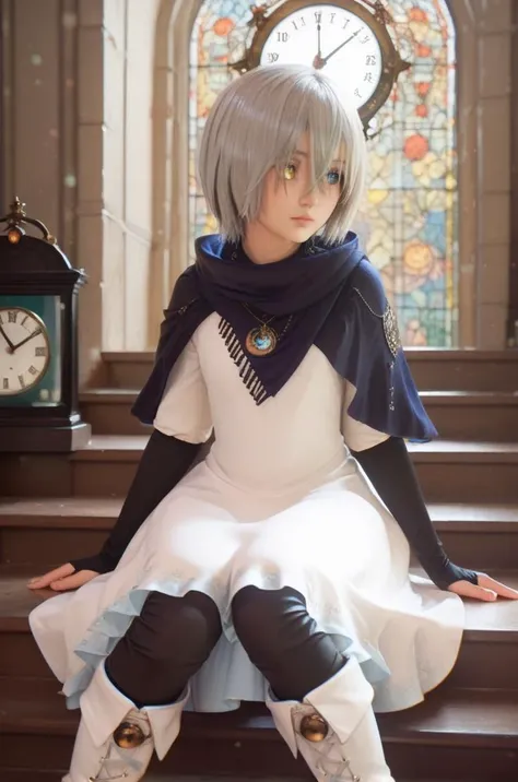 score_9, score_8_up, score_7_up, very aesthetic, source_anime, detailed, high quality, beautiful, masterpiece, detailed eyes,
indoor, stairs, light beams
<lora:lightXL:0.8>
sitting, looking away,
<lora:nazamil_autismConfetti_v01:1>heterochromia, blue eyes, yellow eyes, silver hair, short hair, hair over eyes, hair between eyes, clock, cape, capelet, necklace, bridal gauntlets, white gloves, white dress, dress, knee boots, white footwear, black pants, jewelry,, zPDXL