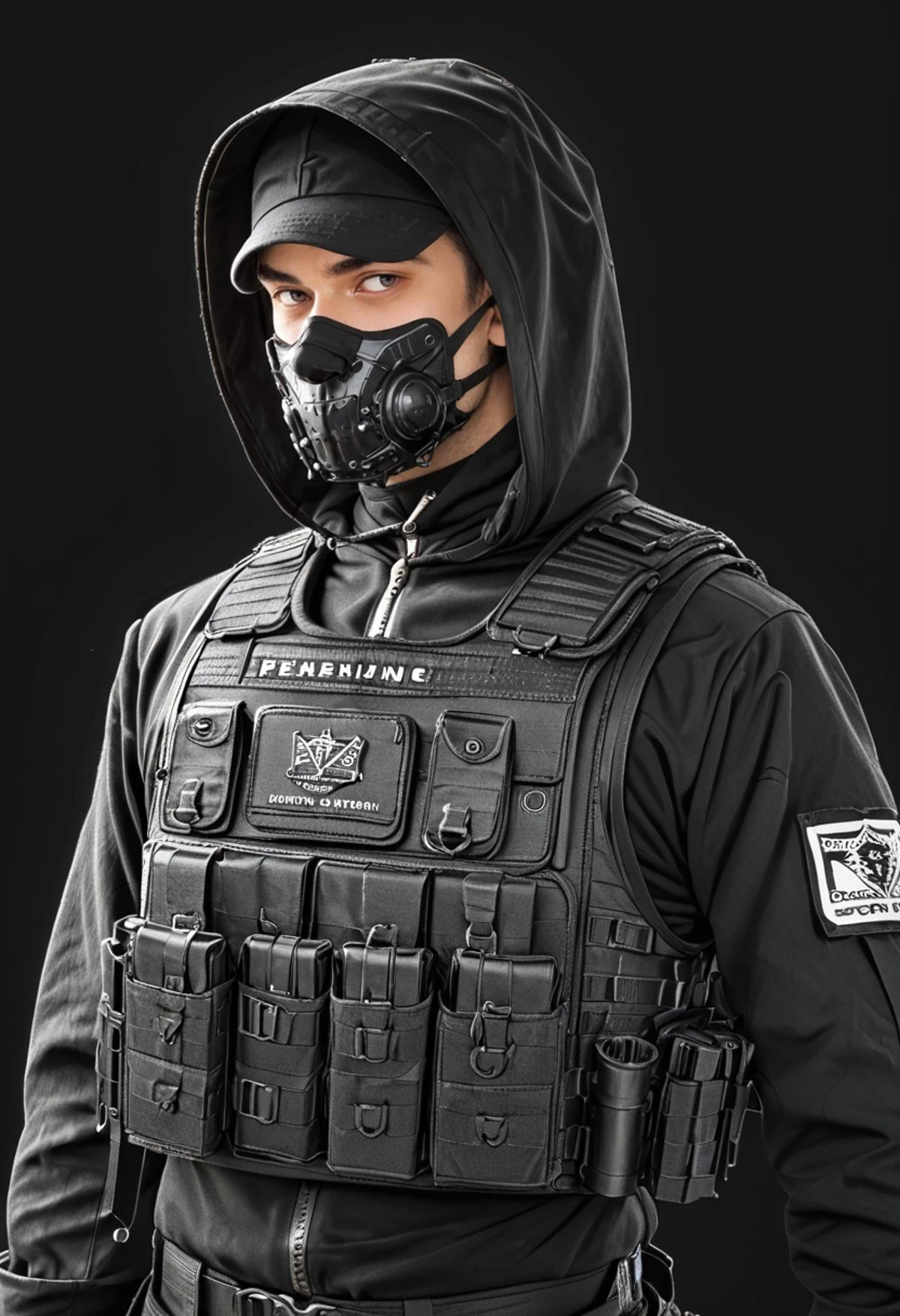 (score_9, score_8_up), score_7_up, zPDXL, dark_techwear, solo, simple background, gloves, long sleeves, 1boy, jacket, monochrome, upper body, mask, hood, hood up, male focus, black background, uniform, vest, looking to the side, military, pouch, tactical clothes, load bearing vest, bulletproof vest, <lora:dark_techwear-000016:0.9>