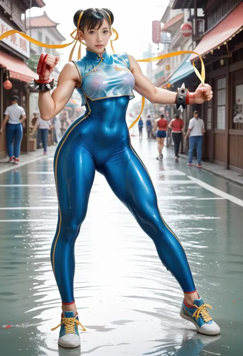 score_9,score_8_up,score_7_up,Super detailed,long legs,
black hair,1girl,solo,standing,ruanyi0541,blue bodysuit,chinese clothes,spiked bracelet,sneakers,,((street fighter)),(wet transparent clothes fit:1.2),fat legs,dynamic fighting scenes,<lora:0541 cunli alternate costume_pony:0.6>