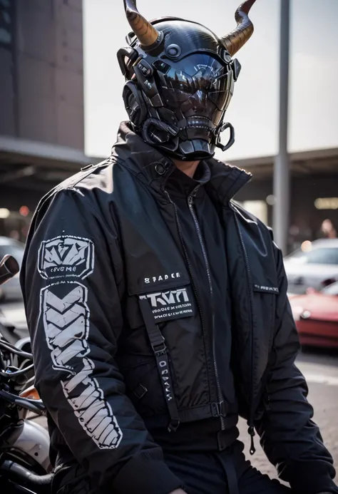 (score_9, score_8_up), score_7_up, zPDXL, dark_techwear, dark_techwear, solo, long sleeves, 1boy, jacket, upper body, male focus, horns, blurry, black jacket, blurry background, helmet, 1other, leather, leather jacket, motorcycle <lora:dark_techwear-000016:0.9>