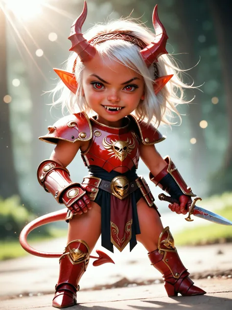 score_9,score_8_up,score_7_up,high quality,(depth of field:1.2),(bokeh:1.2),volumetric lighting,subsurface scattering,god rays,realistic,dynamic angle,1girl,imp girl,horns,imp tail,shortstack,skinny,petite,white hair,red eyes,freckles,long fangs,pouting,ornate red armor,breastplate,fauld,greaves,gauntlets,standing,holding jagged dagger,dynamic pose,<lora:Fant5yP0ny:0.9>,<lora:perfect-eyes:1>,perfecteyes,<lora:add-detail-xl:1.5>,