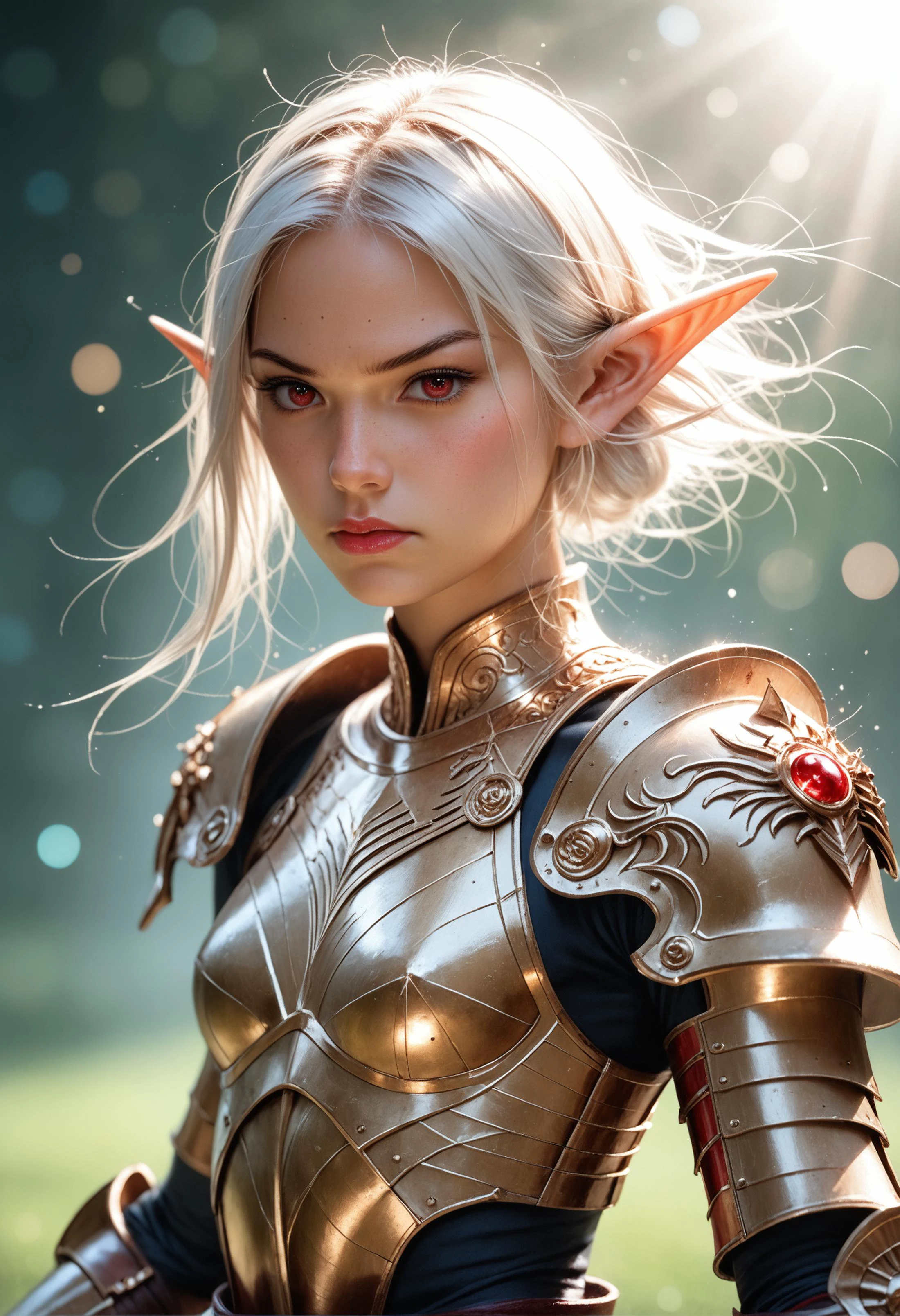 score_9,score_8_up,score_7_up,high quality,(depth of field:1.2),(bokeh:1.2),volumetric lighting,subsurface scattering,god rays,realistic,dynamic angle,portrait,1girl,elf girl,skinny,petite,white hair,red eyes,freckles,pouting,ornate white and gold armor,breastplate,fauld,greaves,gauntlets,standing,dynamic pose,<lora:Fant5yP0ny:0.9>,<lora:perfect-eyes:1>,perfecteyes,<lora:add-detail-xl:1.5>,