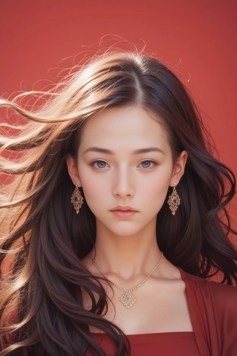 score_9,score_8_up,score_7_up, 1girl, 20 years old, long hair, windblown hair , expressionless,
beautiful woman, beautiful face, earrings, necklace, red backgrounds,
