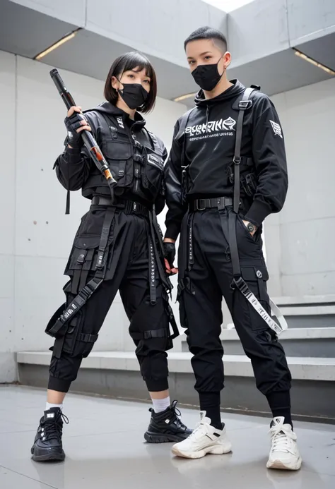 (score_9, score_8_up), score_7_up, zPDXL,dark_techwear, 1girl, long hair, looking at viewer, short hair, shirt, black hair, gloves, long sleeves, 1boy, holding, standing, jacket, full body, weapon, shoes, black gloves, socks, belt, pants, fingerless gloves, black footwear, holding weapon, uniform, black eyes, black jacket, gun, black shirt, mask, black pants, white footwear, sneakers, holding gun, mouth mask, very short hair, buzz cut <lora:dark_techwear-000016:0.9>