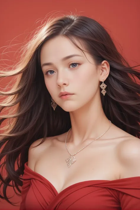 score_9,score_8_up,score_7_up, 1girl, 20 years old, long hair, windblown hair , expressionless,
beautiful woman, beautiful face, earrings, necklace, red backgrounds,