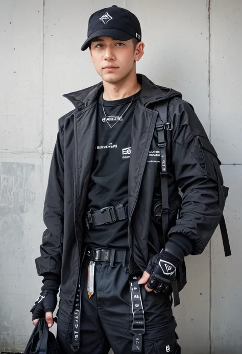 (score_9, score_8_up), score_7_up, zPDXL, dark_techwear, solo, shirt, gloves, long sleeves, 1boy, hat, holding, standing, jacket, male focus, black gloves, belt, pants, fingerless gloves, bag, coat, black jacket, black shirt, black headwear, black pants, baseball cap, black coat, holding bag, black bag, identity censor, walkie-talkie<lora:dark_techwear-000016:0.9>