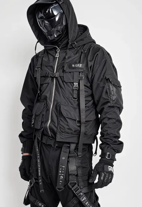 (score_9, score_8_up), score_7_up, zPDXL, dark_techwear, solo, simple background, gloves, long sleeves, 1boy, white background, standing, jacket, monochrome, male focus, black gloves, belt, pants, hood, black jacket, helmet, 1other, zipper, ambiguous gender<lora:dark_techwear-000016:0.9>