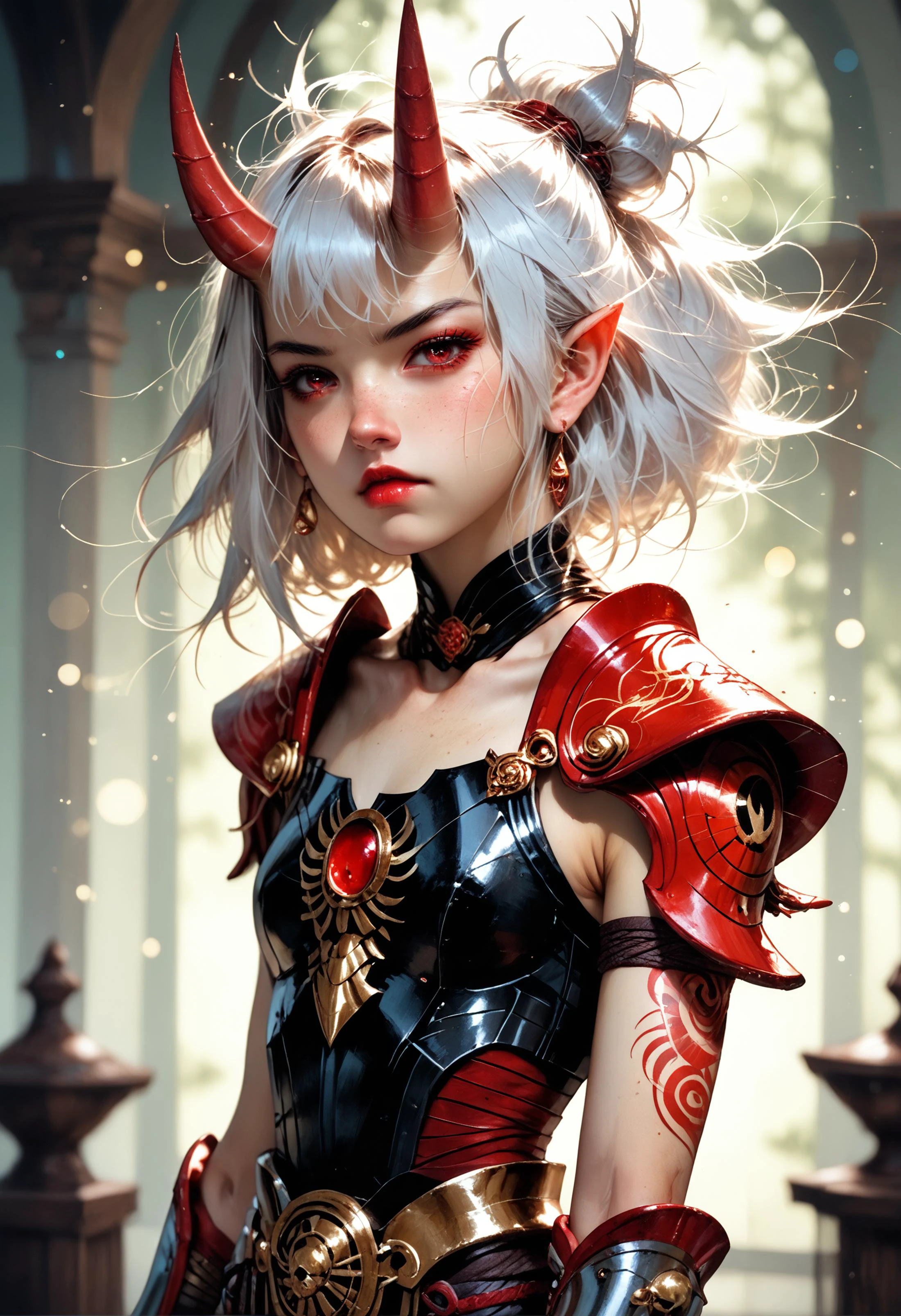 score_9,score_8_up,score_7_up,high quality,(depth of field:1.2),(bokeh:1.2),volumetric lighting,subsurface scattering,god rays,realistic,dynamic angle,1girl,imp girl,oni horns,skinny,petite,white hair,red eyes,freckles,gold tattoos,pouting,ornate red and black armor,breastplate,fauld,greaves,gauntlets,standing,dynamic pose,<lora:Fant5yP0ny:0.9>,<lora:g0ldl34fXLP:0.7>,g0ldl34f,<lora:perfect-eyes:1>,perfecteyes,<lora:add-detail-xl:1.5>,