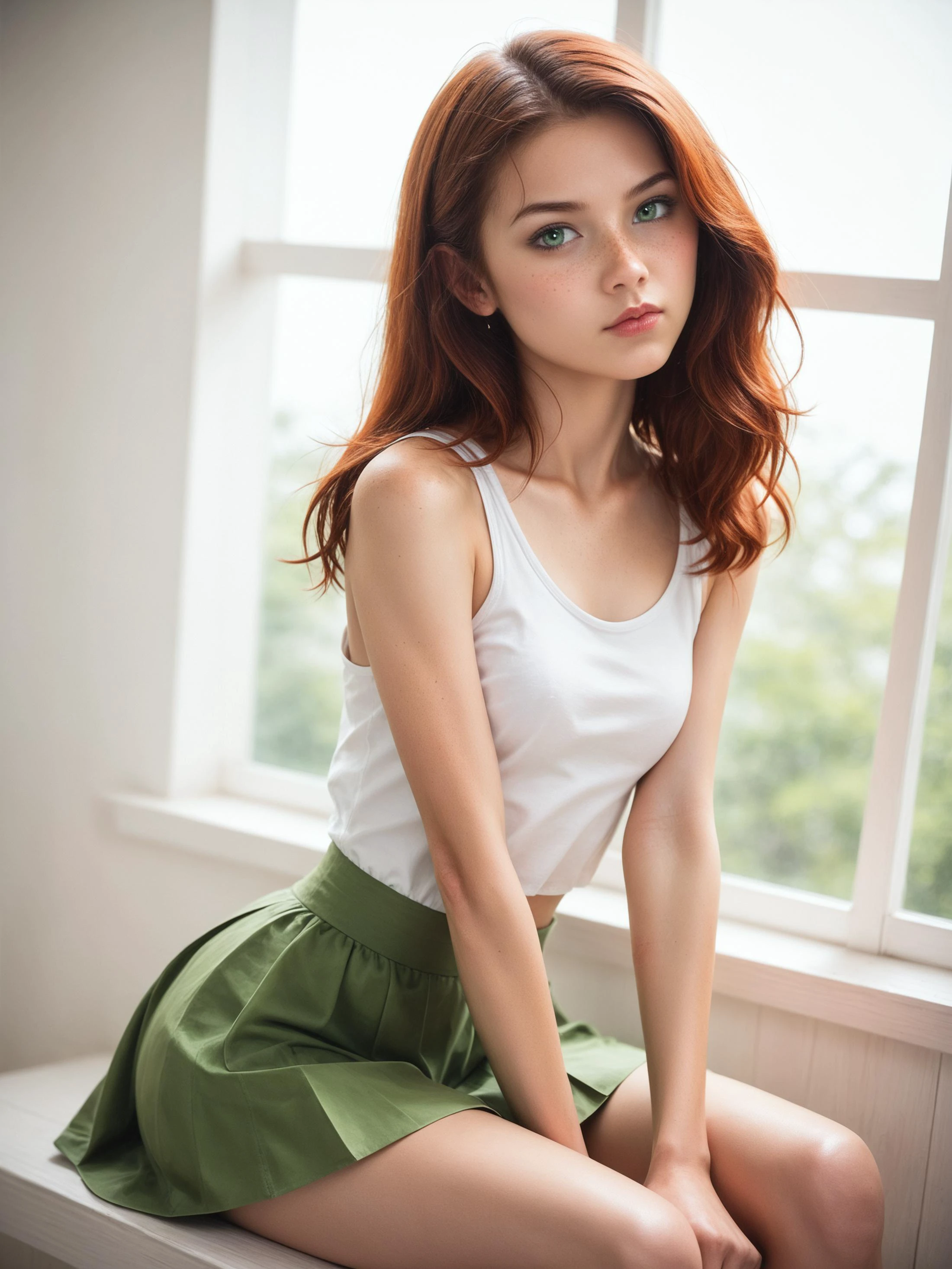 score_9,score_8_up,score_7_up,very aesthetic,realistic photo,photorealistic,hyperrealistic,intricate details,(depth of field:1.2),(bokeh:1.2),volumetric lighting,subsurface scattering,god rays,dynamic angle,1girl,slim,skinny,petite,pretty,cute,redhead,light green eyes,thin lips,freckles,pouting,white tank top,green skirt,narrow waist,wide hips,perfect ass,sitting,dynamic pose,<lora:B0ld01lp41nt:0.4>,B0ld01lp41nt,<lora:perfect-eyes:1>,perfecteyes,<lora:add-detail-xl:1.5>,