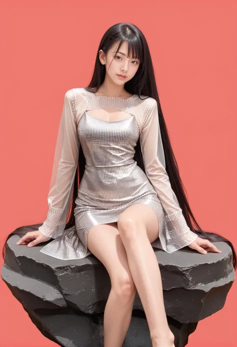 score_9,score_8_up,score_7_up,long legs,
very long hair,black hair,1girl,solo,cowboy shot,(((red background))),sitting on rock,,ruanyi0464,dress,long sleeves,see-through top,silver drees,<lora:0464 Sequin strappy hip dress_v1_pony:1>