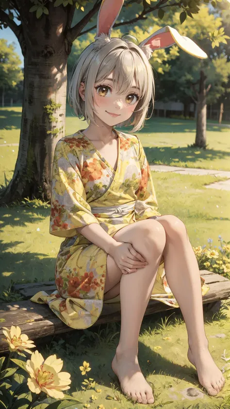 tutututu,dress,yellow flower dress,long sleeves,obi,<lora:yellow_dress_V2-000006:0.65>,
1girl,solo,animal ears,rabbit,barefoot,knees up,sitting,rabbit ears,short sleeves,looking at viewer,grass,short hair,smile,white hair,outdoors,,bangs,on ground,full body,animal,white dress,sunlight,brown eyes,dappled sunlight,day,depth of field,