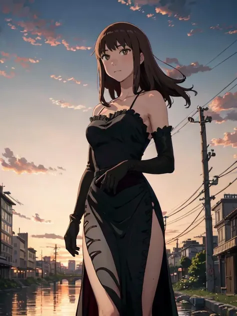 (masterpiece:1.3), (best quality:1.3), <lora:KirikoTakehaya_v2-000006:1>, Kiriko Takehaya, river, city, sunset, staying, black dress, long dress, black gloves