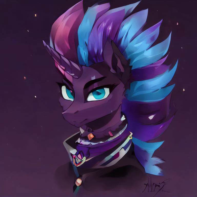 cmdrtempest,(horn), anthro, anthrofied, purple fur, purple hair, blue hair, purple hair, multicolored hair, solo, blue eyes, aqua eyes, purple skin, solo, pony, my little pony, mlp, two tone hair, <lora:CmdrTempest-10:1>, by magnaluna