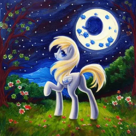 pony Derpy, (Celluloid painting), acrylic colours, intricate detail, moon light, pruning, masterpiece, best quality, only 4 legs,