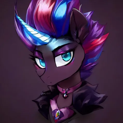 cmdrtempest,(horn), anthro, anthrofied, purple fur, purple hair, blue hair, purple hair, multicolored hair, solo, blue eyes, aqua eyes, purple skin, solo, pony, my little pony, mlp, two tone hair, <lora:CmdrTempest-10:1>, by magnaluna