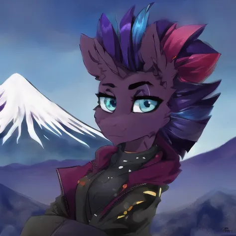 ((volcano)), cmdrtempest, anthro, anthrofied, purple fur, purple hair, blue hair, purple hair, multicolored hair, (horn), solo, blue eyes, aqua eyes, purple skin, solo, pony, my little pony, mlp, two tone hair, <lora:CmdrTempest-10:1>, by BuvanyBu
