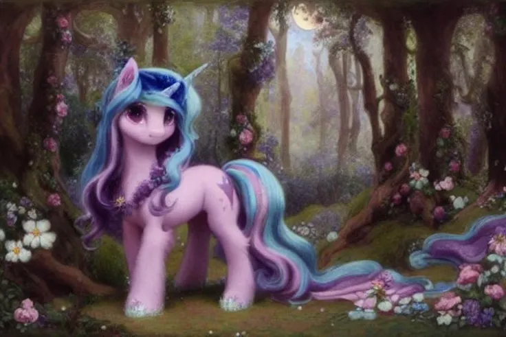(Derpibooru_p_95), (unicorn pony izzy moonbow), In forest, (flowers in hair), (solo), very beautiful, european Symbolist paint, created by Lawrence Tadema, female, cute, best quality, perfect anatomy, body fur, (fur skin), masterpiece, (safe), <lora:PonyV4-IzzyA2:0.9>