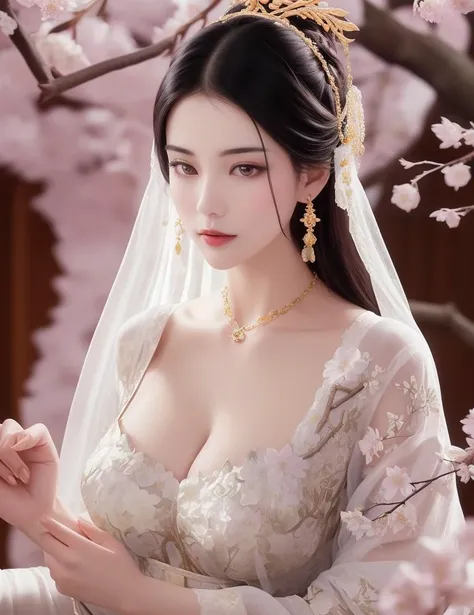 ultra realistic 8k cg, picture-perfect face, flawless, clean, masterpiece, professional artwork, famous artwork, cinematic lighting, cinematic bloom, perfect face, beautiful face, fantasy, dreamlike, unreal, science fiction, huge breasts, beautiful clothes, lace, lace trim, lace-trimmed legwear, (rich:1.4), prestige, luxury, jewelry, diamond, gold, pearl, gem, sapphire, ruby, emerald, intricate detail, delicate pattern, charming, alluring, seductive, erotic, enchanting, hair ornament, necklace, earrings, bracelet, armlet,halo
((,1girl, pov,))(((cherry_blossoms, branch, 1girl, tree, spring_\(season\), solo, petals, looking at viewer, ))) <lora:DA_GuoFengPinkA:0.6>