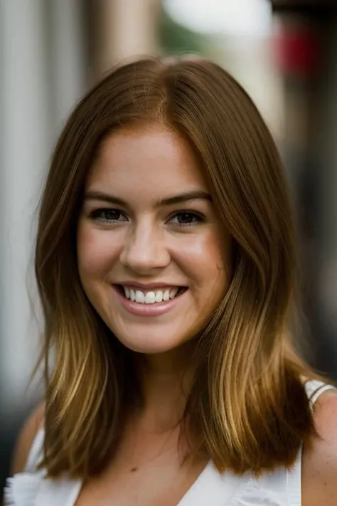 <lora:1sl4f1sh3r:1>, Realistic photo of a beautiful 1sl4f1sh3r woman, 1girl, solo, long hair, looking at viewer, smile, (((blonde hair))), ((red hair)), brown eyes, upper body, teeth, grin, blurry, blurry background, messy hair, realistic, soft lighting, professional Photography, Photorealistic, detailed, RAW, analog, sharp focus, 8k, HD, DSLR, high quality, Fujifilm XT3, film grain, award winning, masterpiece