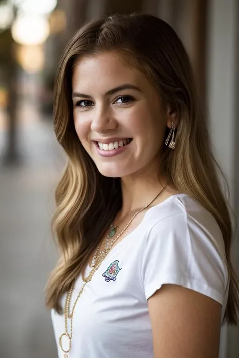 <lora:1sl4f1sh3r:1>, Realistic photo of a beautiful 1sl4f1sh3r woman,  1girl, solo, long hair, looking at viewer, smile, (((blonde hair))), shirt, brown eyes, jewelry, white shirt, upper body, short sleeves, teeth, necklace, grin, lips, realistic, soft lighting, professional Photography, Photorealistic, detailed, RAW, analog, sharp focus, 8k, HD, DSLR, high quality, Fujifilm XT3, film grain, award winning, masterpiece