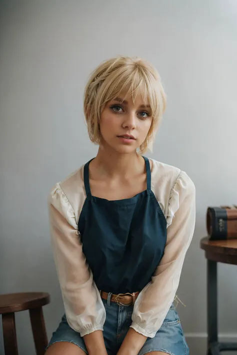 stunning intricate casual fashion professional  analog portrait, (sfw:1.2) blonde [1girl:<lora:gjhawn:0.85> gjhawn with short-blonde-pixie-hair:0.0] as a nervous party girl, casual fashion editorial style photo, (editorial decorative theme with an decorative styling, casual fashion decorative hairstyle and decorative clothing and decorative accessories)}, editorial photography, indoors in a casual fashion photostudio with a orante background , folding chair, expressive heroic pose, (from below:0.8), artistic fashion, portfolio style, professional high budget postproduction, bokeh, casual fashion photo, epic character composition, sharp focus, subsurface scattering, f2, 35mm, film grain