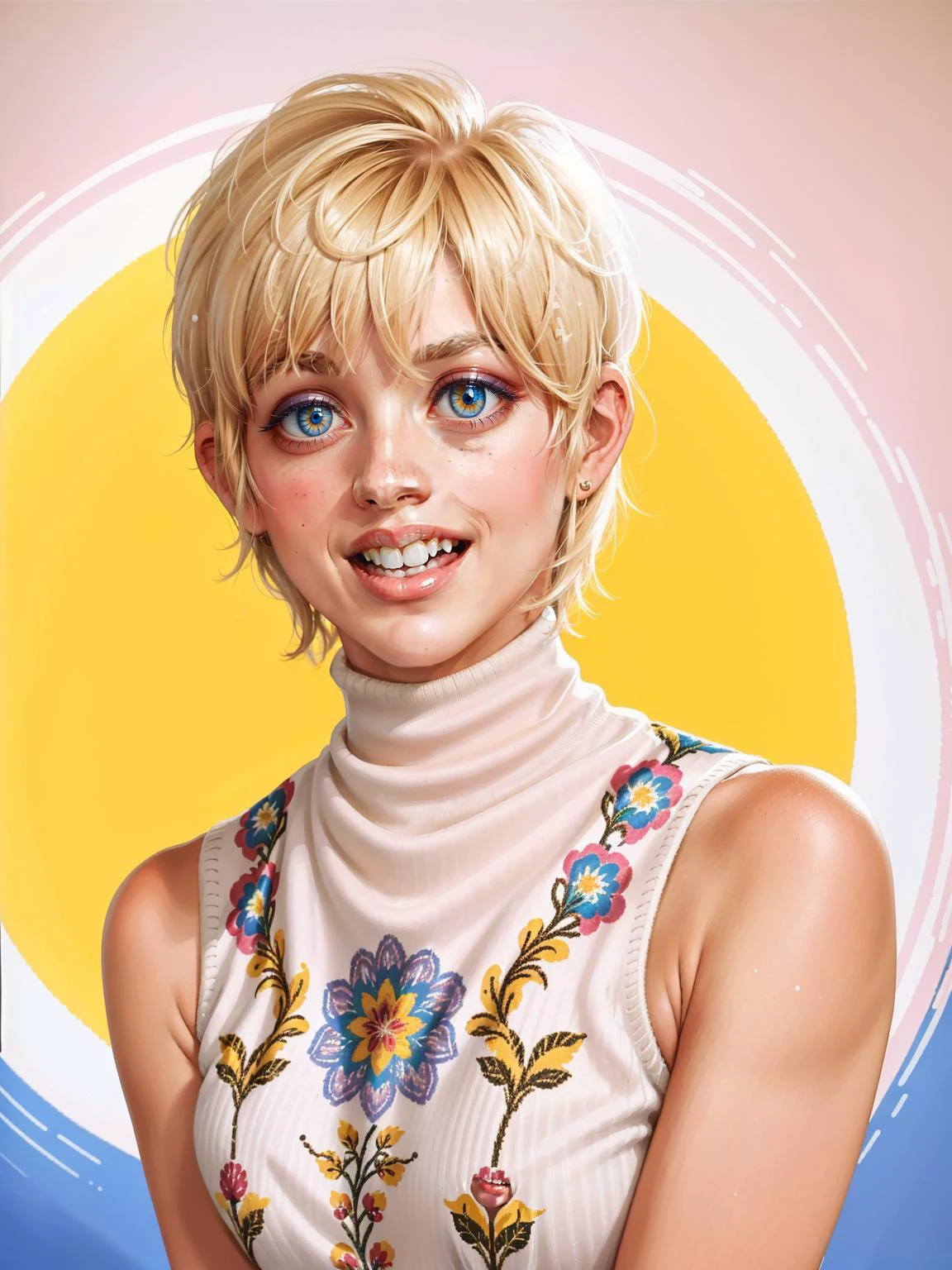 [professional::0.3][intricate:0.3:0.7][digital:0.7]-photography, <lora:gjhawn.32:0.85> gjhawn, 20-year-old woman with short-blonde-pixie-hair, (big-smile, laughing), retro 60s fashion, 60s color palette, 1960s style, sleeveless-turtleneck-sweater, bold-psychedelic-print-fabric, picture-perfect