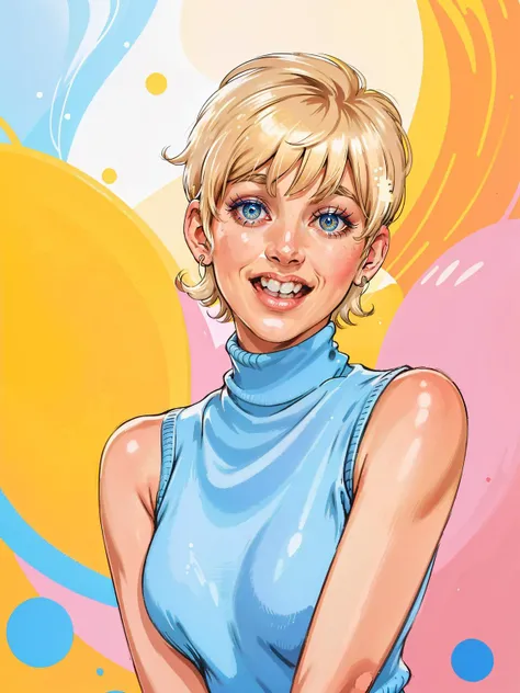 [professional::0.3][intricate:0.3:0.7][digital:0.7]-photography, <lora:gjhawn.32:0.85> gjhawn, 20-year-old woman with short-blonde-pixie-hair, (big-smile, laughing), retro 60s fashion, 60s color palette, 1960s style, sleeveless-turtleneck-sweater, bold-psychedelic-sweater, picture-perfect