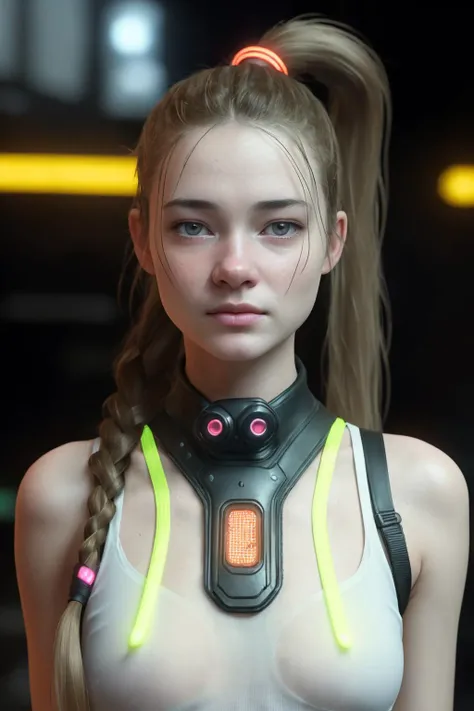 (8k, RAW photo, highest quality), (epic realistic:1.5), EmmaWortelboer_V1 woman, standing straight toward camera, innocent pose, wearing a (cyberpunk neon outfit:1.2), (detailed eyes:0.8), (looking at the camera:1.4), (narrow torso), narrow hips, skinny ass, flat chest, (highest quality), (best shadow),intricate details, cinematic, ((ultra detailed skin:1.5)), glowing futuristic cyberpunk street scene environment, exterior, (long ponytail dark blonde hair:1.3), dark studio,(hdr:1.5), detailed, muted colors,