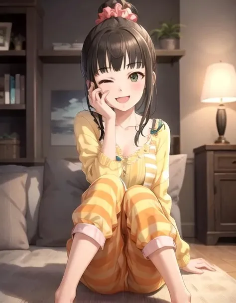ninjaayame, 1girl, brown_hair, collarbone, full_body, green_eyes, hair_bun, hair_ornament, hair_scrunchie, hand_on_own_cheek, hand_on_own_face, holding, long_hair, looking_at_viewer, loungewear, one_eye_closed, open_mouth, scrunchie, sitting, smile, solo, striped, nsfw, <lora:hamaguchi_ayame-09:0.7>
4k,ultra-detailed eyes, ultra-detailed, extremely detailed CG, masterpiece, best quality,extremely detailed CG, (extremety fine and beautiful:1.4),