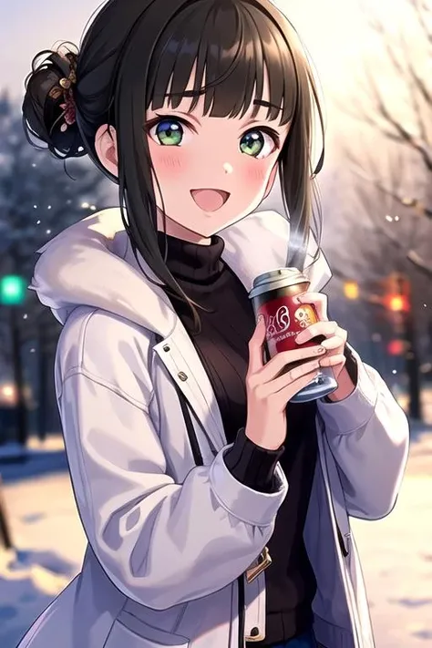 ninjaayame, 1girl, 15 years old, young girl, :d, aran_sweater, bangs, bare_tree, blunt_bangs, black hair, blurry, blurry_background, blurry_foreground, blush, depth_of_field, eyebrows_visible_through_hair, fur-trimmed_coat, fur-trimmed_jacket, fur_trim, green_eyes, hair_bun, hair_ornament, holding, holding a can of coffee, jacket, long_sleeves, looking_at_viewer, open_mouth, outdoors, ribbed_sweater, sidelocks, smile, snow, snowing, snowman, solo, sweater, tree, turtleneck, turtleneck_sweater, white_sweater, nsfw,winter<lora:hamaguchi_ayame-09:0.7>
8k,ultra-detailed eyes, ultra-detailed, extremely detailed CG, masterpiece, best quality,extremely detailed CG, (extremety fine and beautiful:1.4),(ultra-detailed eyes:1.2),
intricate detailed (iris, eyes),
detailed(hair, beautiful finely eyes, skin, cloth texture),
