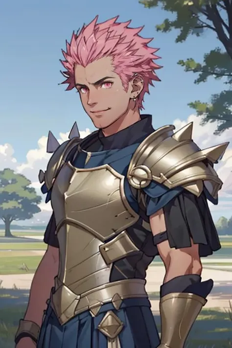 <lora:Holst_Sigiswald_Goneril_Fire_Emblem:1>, Holst_Sigiswald_Goneril_Fire_Emblem, solo, looking at viewer, smile, short hair, 1boy, upper body, pink hair, male focus, earrings, outdoors, dark skin, pink eyes, armor, tree, muscular, dark-skinned male, grass, spiked hair, shoulder armor