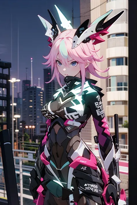 sakura neon, 1girl, solo,sitting, armor,mask, cityscape,tokyo \(city\), <lora:sakura_neon:1>