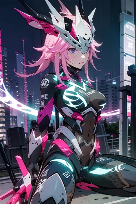 sakura neon, 1girl, solo,spread legs,armor,mask on head, cityscape,,night,tokyo \(city\), <lora:sakura_neon-000009:0.8>