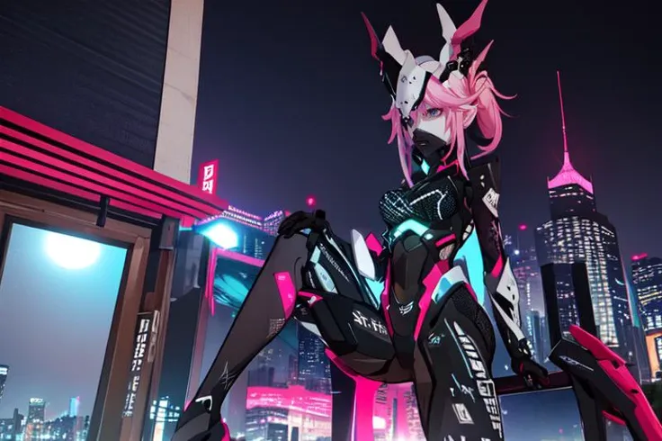 (otherworldly), highly insanely detailed, masterpiece, top quality, best quality, highres, 4k, 8k, RAW photo, (very aesthetic, beautiful and aesthetic), sakura neon, 1girl, solo, spread legs, armor, mask on head, cityscape, night, tokyo \(city\), <lora:HonkaiImpact3rd-Yae Sakuraå«éæ¡-Neon Shade:0.8>, 
1girl, 
dark navy background, (fantasy world)âââ