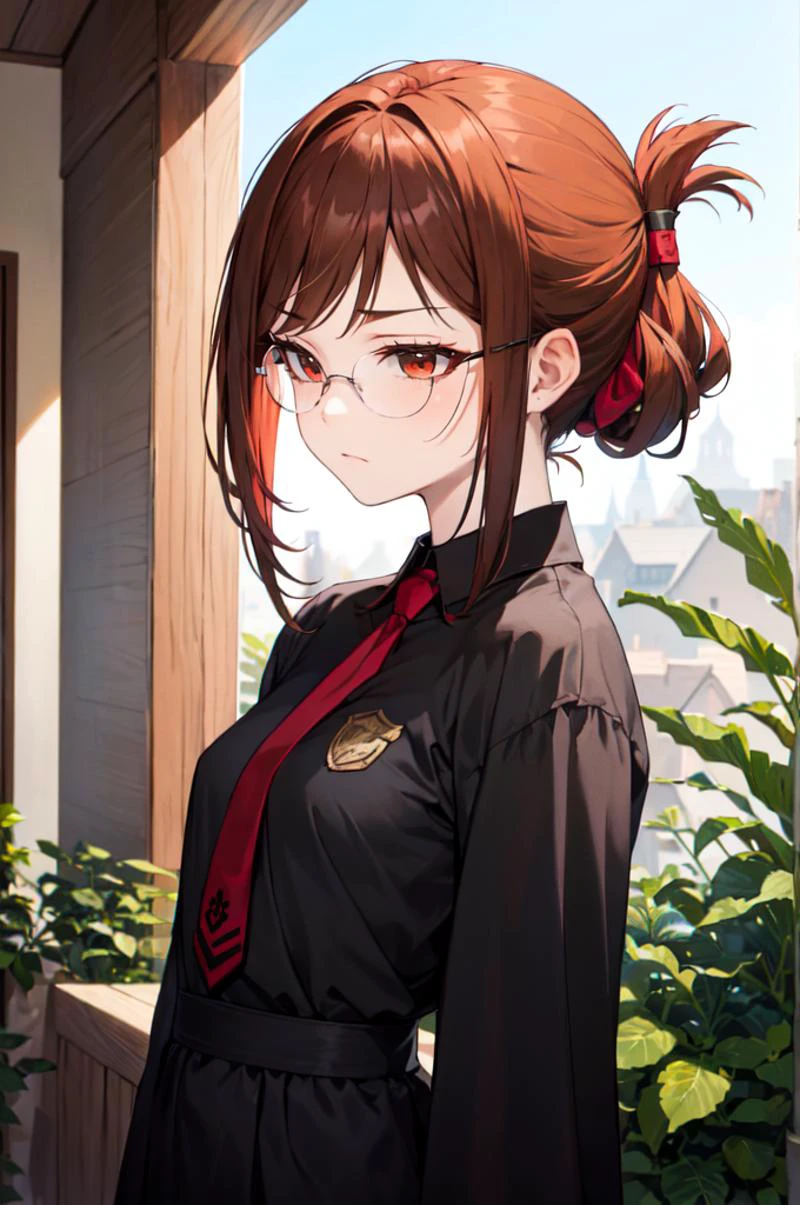 <lora:round_glasses-v17:1> round_eyewear, upper body, straight-on, hogwarts school uniform, black robe, (stripped necktie:1.2), orange necktie, red necktie, griffindor,, absurdres, ultra detailed, masterpiece, best quality, aesthetic, detailed,, solo, frown,
1girl, red eyes, <lora:Tsurime3:1>, (tsurime:1.2), (brown hair:1.3), medium hair, (asymmetrical bangs, swept bangs, cowlick:1.35), flipped hair, <lora:foldedponytail:0.8> foldedponytail, folded ponytail, (small breasts:1.3),