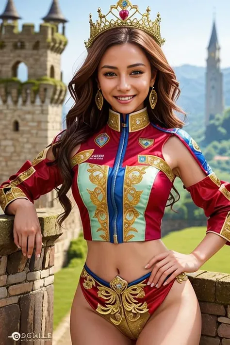 photo realistic, full color, OverallDetail, a smiling queen is wearing a race_queen outfit at a top of castle wall, clear eyes, long nose, toned waist, <lora:race_queen_cos_v10:0.65>, race_queen