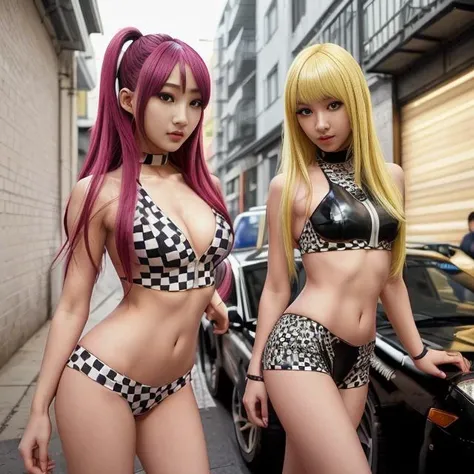 (masterpiece, best quality, ultra-detailed)(3girls:1.2, girls are race queen,wearing a transparent promotional print race queen costume), blonde,silver hairs,red hairs, (arms behind head back), (posture showing armpits), (spread legs), (cleavage), anklet, sideswept hair, hair bowtie, highheels, (DETAILED FACES), (Smile),((racing background, racing car,outside,crowd))