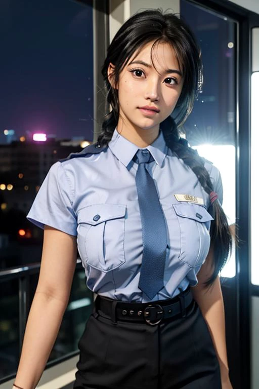 (Night:1.7),Office, windows, cityscape, 
Standing at attention,dynamic pose,
policewoman, Blue police uniform, short sleeves,shirt,
<lora:Miyuki_Kobayakawa_Arrest-KK77-V1:0.7>,<lora:more_details:0.1>,
black hair, bow,single braid,long hair,purple eyes,
1 girl, 20yo,Young female,Beautiful long legs,Beautiful body,
Beautiful Nose,Beautiful character design, perfect eyes, perfect face,expressive eyes,perfect balance,
looking at viewer,(Focus on her face),closed mouth, (innocent_big_eyes:1.0),(Light_Smile:0.5),
official art,extremely detailed CG unity 8k wallpaper, perfect lighting,Colorful, Bright_Front_face_Lighting,White skin,
(masterpiece:1.0),(best_quality:1.0), ultra high res,4K,ultra-detailed,
photography, 8K, HDR, highres, absurdres:1.2, Kodak portra 400, film grain, blurry background, bokeh:1.2, lens flare, (vibrant_color:1.2),professional photograph,
(Beautiful,large_Breasts:1.2), (beautiful_face:1.5),(narrow_waist),