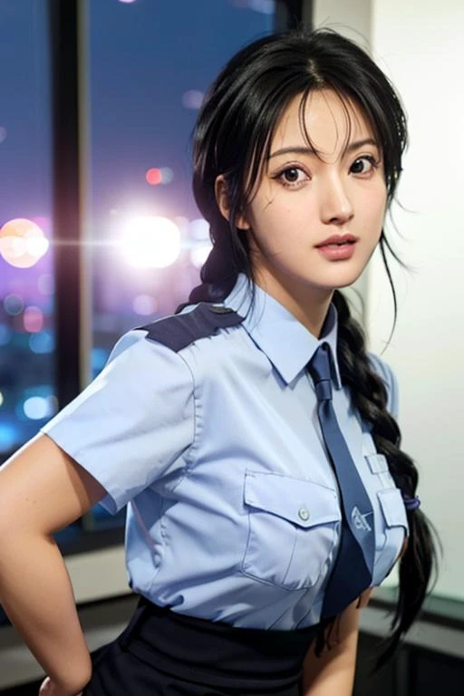 (Night:1.7),Office, windows, cityscape, 
Standing at attention,dynamic pose,
policewoman, Blue police uniform, short sleeves,shirt,
<lora:Miyuki_Kobayakawa_Arrest-KK77-V1:0.7>,<lora:more_details:0.1>,
black hair, bow,single braid,long hair,purple eyes,
1 girl, 20yo,Young female,Beautiful long legs,Beautiful body,
Beautiful Nose,Beautiful character design, perfect eyes, perfect face,expressive eyes,perfect balance,
looking at viewer,(Focus on her face),closed mouth, (innocent_big_eyes:1.0),(Light_Smile:0.5),
official art,extremely detailed CG unity 8k wallpaper, perfect lighting,Colorful, Bright_Front_face_Lighting,White skin,
(masterpiece:1.0),(best_quality:1.0), ultra high res,4K,ultra-detailed,
photography, 8K, HDR, highres, absurdres:1.2, Kodak portra 400, film grain, blurry background, bokeh:1.2, lens flare, (vibrant_color:1.2),professional photograph,
(Beautiful,large_Breasts:1.2), (beautiful_face:1.5),(narrow_waist),