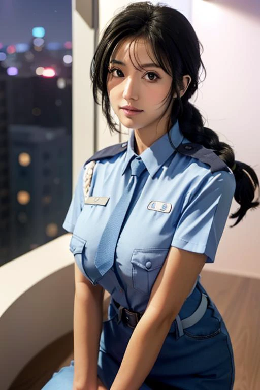 (Night:1.7),Office, windows, cityscape, 
Standing at attention,dynamic pose,
policewoman, Blue police uniform, short sleeves,shirt,
<lora:Miyuki_Kobayakawa_Arrest-KK77-V1:0.7>,<lora:more_details:0.1>,
black hair, bow,single braid,long hair,purple eyes,
1 girl, 20yo,Young female,Beautiful long legs,Beautiful body,
Beautiful Nose,Beautiful character design, perfect eyes, perfect face,expressive eyes,perfect balance,
looking at viewer,(Focus on her face),closed mouth, (innocent_big_eyes:1.0),(Light_Smile:0.5),
official art,extremely detailed CG unity 8k wallpaper, perfect lighting,Colorful, Bright_Front_face_Lighting,White skin,
(masterpiece:1.0),(best_quality:1.0), ultra high res,4K,ultra-detailed,
photography, 8K, HDR, highres, absurdres:1.2, Kodak portra 400, film grain, blurry background, bokeh:1.2, lens flare, (vibrant_color:1.2),professional photograph,
(Beautiful,large_Breasts:1.4), (beautiful_face:1.5),(narrow_waist),