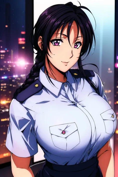 (Night:1.7), Japan, cyberpunk, CityView, Before Window,
Standing at attention,dynamic pose,
policewoman, Blue police uniform, short sleeves,shirt,
<lora:Miyuki_Kobayakawa_Arrest-KK77-V1:0.7>,
<lora:Mariana_Luciano_NON_VIRGIN-KK77-V1:0.3>,<lora:more_details:0.1>,
black hair, bow, braid,long hair,purple eyes,
1 girl, 20yo,Young female,Beautiful Finger,Beautiful long legs,Beautiful body,Beautiful Nose,Beautiful character design, perfect eyes, perfect face,expressive eyes,
looking at viewer, in the center of the image,(Upper_body),(Focus on her face),
official art,extremely detailed CG unity 8k wallpaper, perfect lighting,Colorful, Bright_Front_face_Lighting,shiny skin,
(masterpiece:1.0),(best_quality:1.0), ultra high res,4K,ultra-detailed,
photography, 8K, HDR, highres, absurdres:1.2, Kodak portra 400, film grain, blurry background, bokeh:1.2, lens flare, (vibrant_color:1.2)
(Beautiful,large_Breasts:1.4), (beautiful_face:1.5),(narrow_waist),