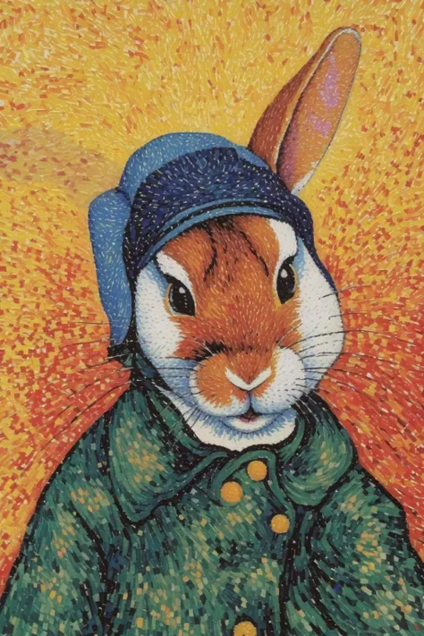 Paul Signac Style - pointillism painting by Paul signac ,van gogh rabbit hybrid, one ear, portrait <lora:Paul Signac Style:1>