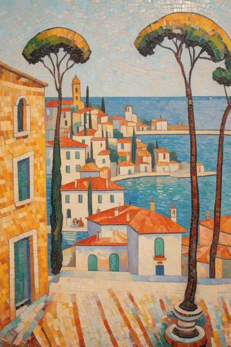 <lora:Paul Signac Style:1>Paul Signac Style - Charles angrand landscape painting of a rural italian seaside town with brightly colored buildings, featuring a small piazza with a fountain and a view of the sea in the distance, mosaic style with thick brush strokes